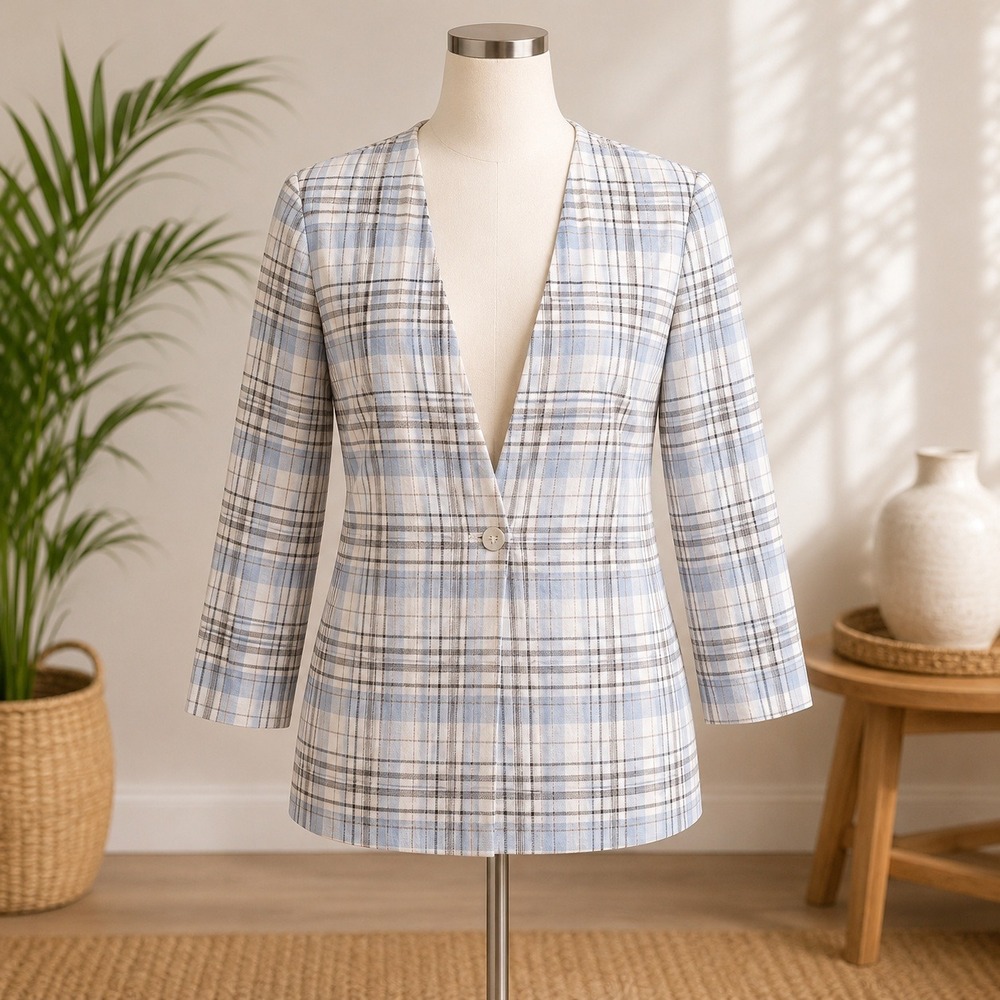 Melrose and Market Blazer Women Small Blue White Plaid Single Button Lightweight